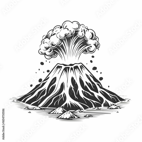 Volcano eruption vector illustration depicting natures disaster with lava and smoke isolated on white background.