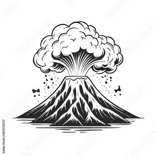 Volcano eruption vector illustration depicting natures disaster with lava and smoke isolated on white background.