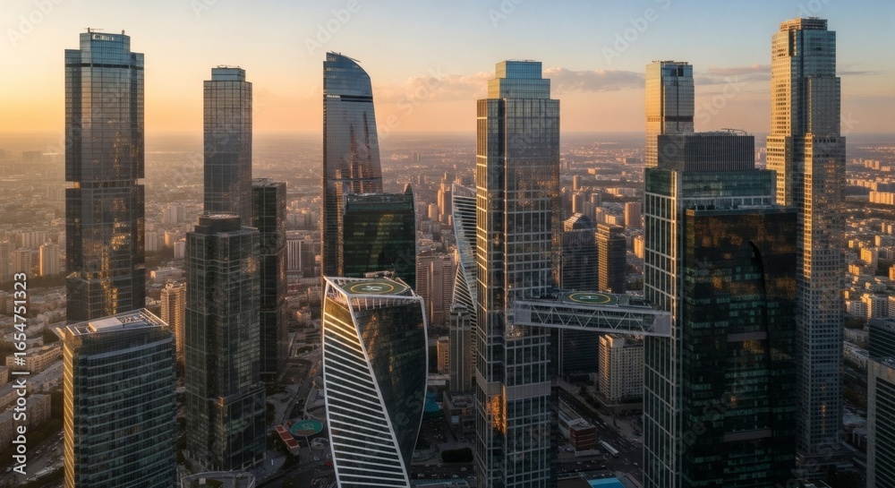 Obraz premium Aerial cityscape featuring skyscrapers reaching towards a bright sunset sky, showcasing modern urban architecture and helipad facilities.