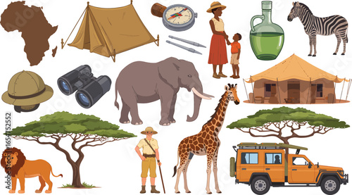 A collection of vector icons for an African safari adventure theme