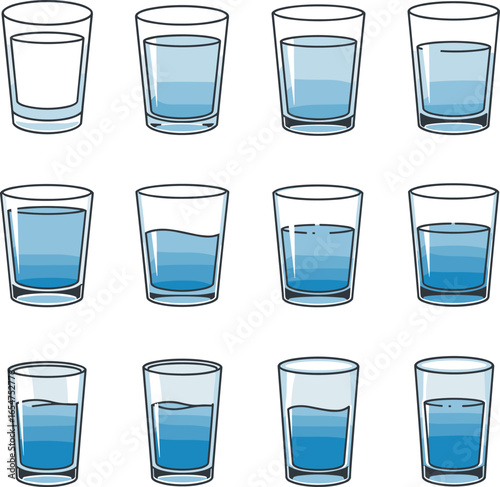 A collection of drinking glasses with different water levels.