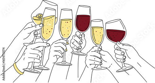 Group of hands toasting with wine and champagne glasses illustration.