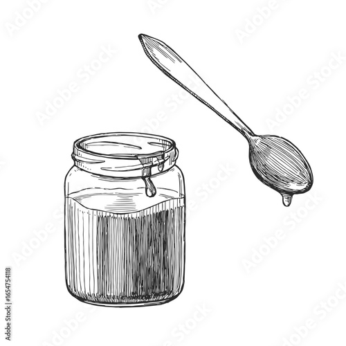 Vector hand-drawn illustration of glass jar with cream sauce. Black and white sketch of sweetness.
