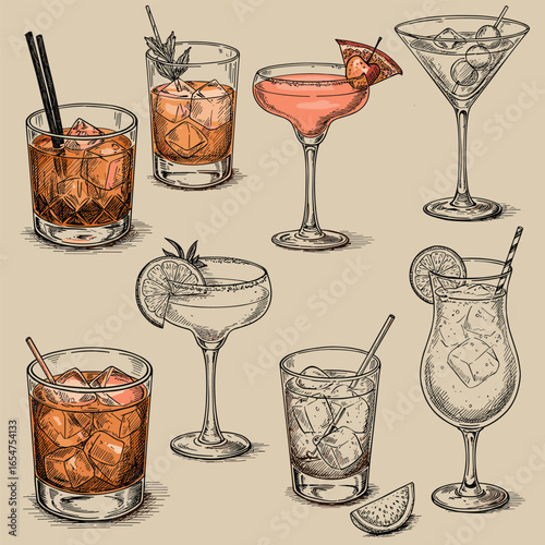 Handdrawn vintage collection of classic alcoholic cocktails.