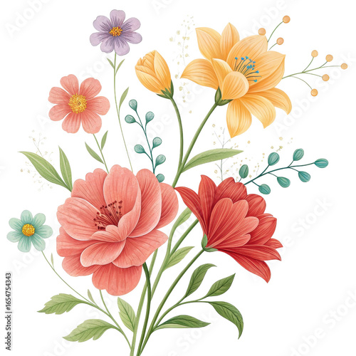 Floral Bouquet Illustration Colorful Flowers, Isolated on Transparent Background, PNG, Floral Design, Botanical Illustration, Spring Flowers