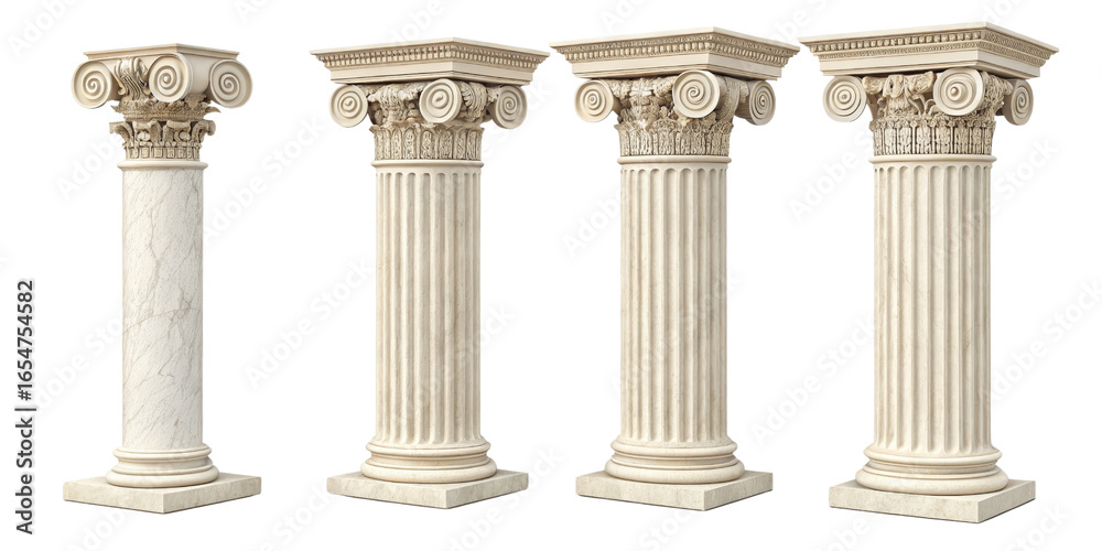 Obraz premium Four Ionic Columns, 3D Render, Classical Architecture, Isolated on Transparent Background, Column, Ionic, Architecture