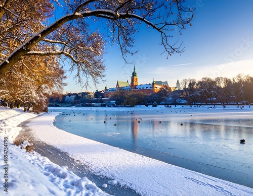 Winter panorama of Warsaw Old Town reflected on the frozen lake surface