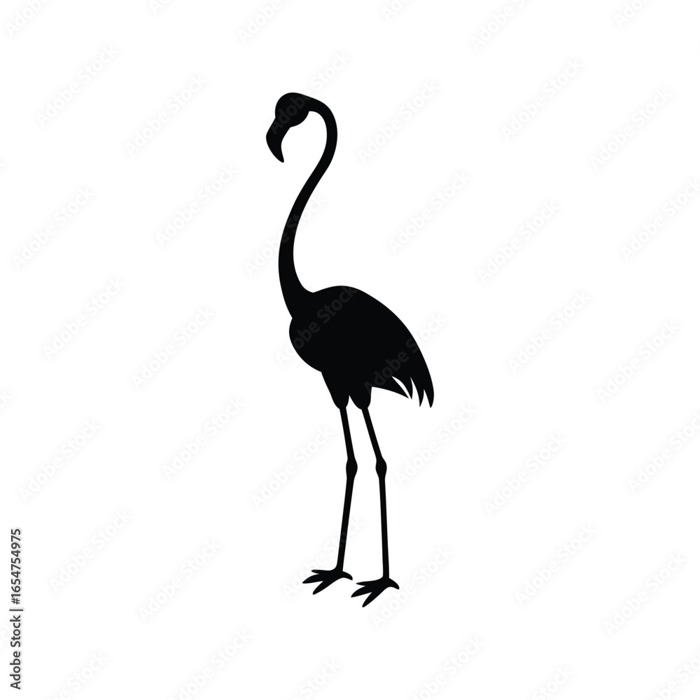 Obraz premium A graceful pink flamingo stands in a silhouette, a cartoon illustration of a water bird with a long beak and leg, isolated on a white background