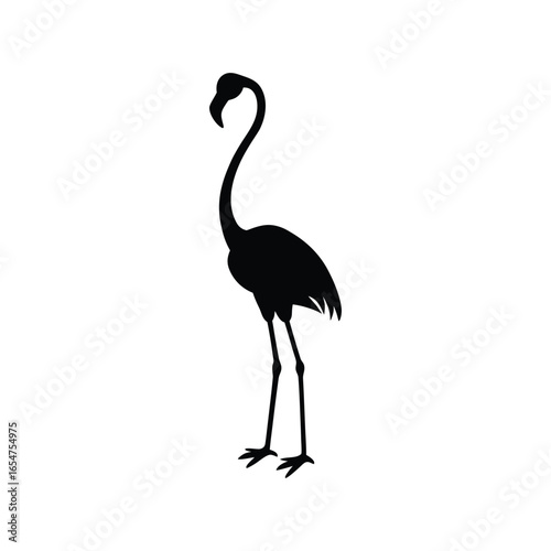 A graceful pink flamingo stands in a silhouette, a cartoon illustration of a water bird with a long beak and leg, isolated on a white background