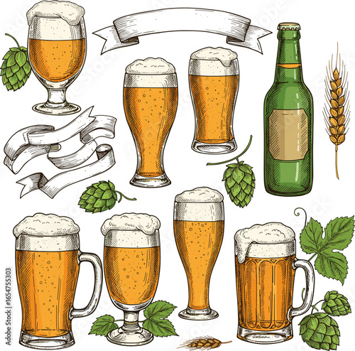 Handdrawn vintage beer collection with glasses hops and barley.