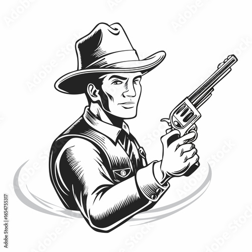 Western sheriff with gun vector. Illustration of shooting vector image on white background.