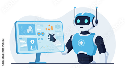 Friendly medical robot interacting with healthcare data on screen, modern AI diagnostics technology integration