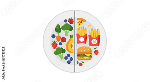 Healthy eating choices versus unhealthy fast food options side by side on a round plate concept