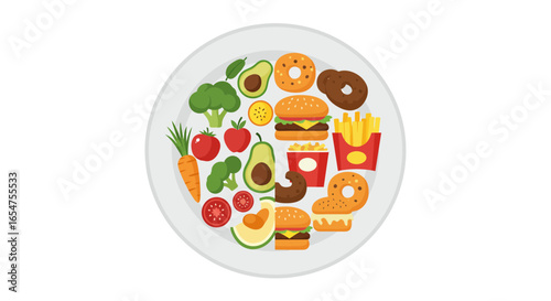 Colorful plate overflowing with burgers, donuts, fries, fruits, and vegetables for balanced diet