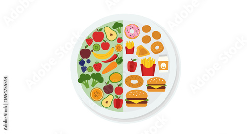 Healthy versus unhealthy diet choices on plate showing fruits and vegetables versus burgers and donuts