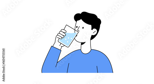 Refreshing drink of water, man hydrates with glass in hand, staying healthy, thirst quenching, good health