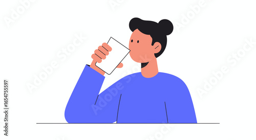 Hydrated woman enjoys refreshing drink from glass, simple lifestyle moment, healthy living concept