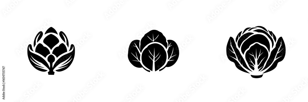Obraz premium Artistic representation of three unique vegetable designs featuring cabbage and artichoke shapes