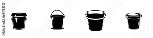 Different types of buckets arranged in a line showcasing various designs and sizes for practical use in home and garden tasks
