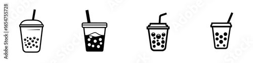Different types of bubble tea cups displayed with varying ingredients and straw styles