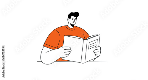 Young man engrossed in reading a captivating book, expanding knowledge and imagination with focus