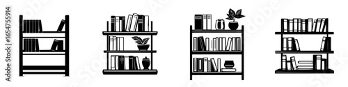 Different styles of black and white bookshelves displaying various objects and literature arranged in an organized manner