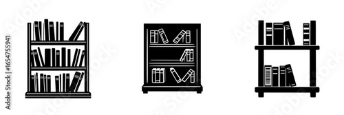 Various bookcase designs showcasing shelves filled with books in a minimalist style