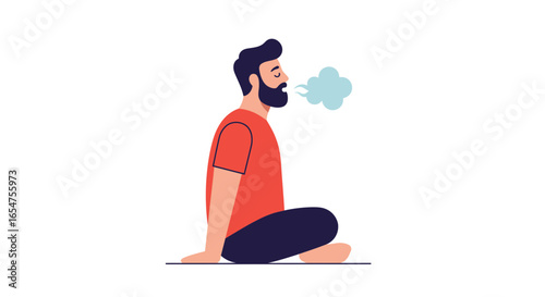 Man meditating in lotus pose, exhaling breath cloud, seeking calm and mindfulness