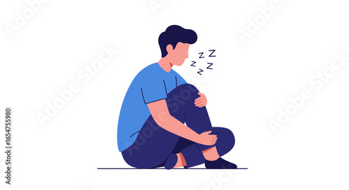 Exhausted person sitting with knees up and sleeping, feeling tired and needing rest, simple modern art