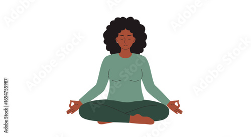 Serene woman meditating in lotus position, promoting mindfulness and inner peace for wellness.