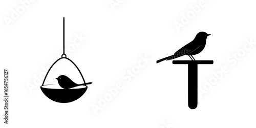 Black and white silhouettes of birds on feeders in a minimalist design suitable for nature lovers