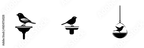 Black silhouette designs of three birds perched on various structures in minimalist style