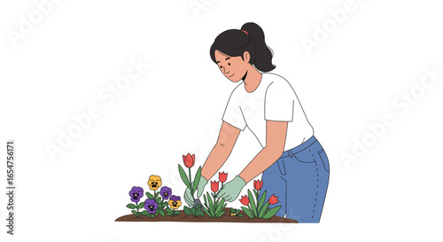 Woman tending vibrant garden of tulips and pansies creating a tranquil, joyful moment