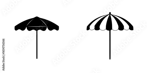 Two distinct beach umbrellas with different designs, showcasing a traditional style and a striped variant
