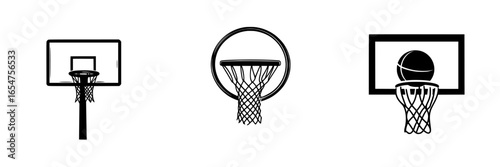 Illustrations of basketball hoops showcasing different styles and designs in a minimalist style