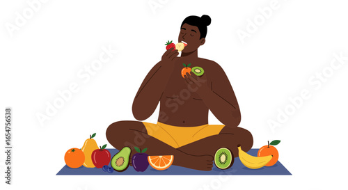 Mindful person enjoying healthy fruit, embracing wellness and vibrant nutrition in a serene moment