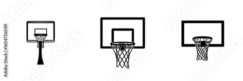 Various types of basketball hoops showcased in a minimalist design with different heights and styles highlighted clearly