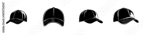 Different styles of black caps displayed in a row, showcasing various designs and angles for fashion enthusiasts