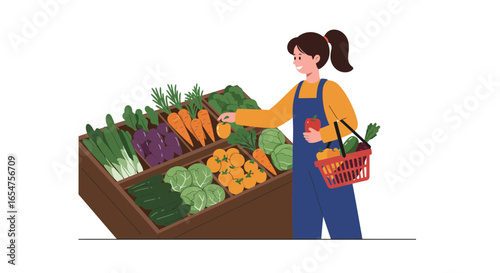 Woman selecting fresh produce at farmers market with basket full of healthy vegetables