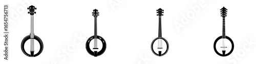 Various banjo designs showcasing different styles and structures on a plain background