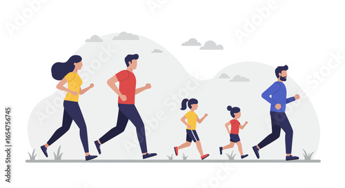 Family running together outdoors, promoting health, wellness, and active lifestyle in nature