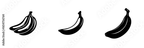 Multiple representations of bananas in varying orientations and styles displayed together on a simple background