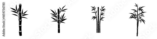 Black and white illustration of various bamboo plants showcasing their unique shapes and sizes in a simplistic art style