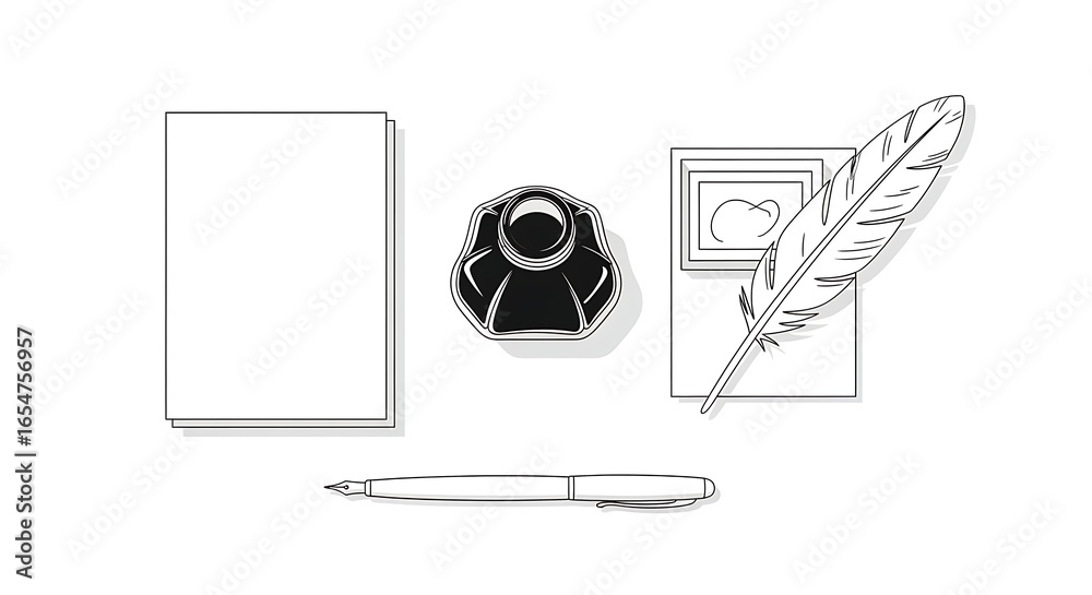 Fototapeta premium Quill pen inkwell and paper create a minimalist writing concept illustration