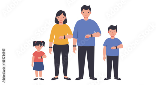 Family with smartwatches staying connected, enjoying time together, modern lifestyle illustration