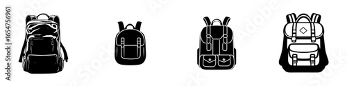 Different styles of backpacks showcasing functionality and design in a minimalist black and white illustration