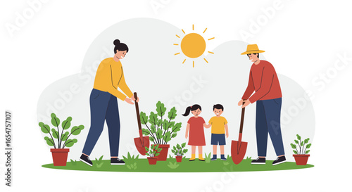 Family gardening together, planting flowers and enjoying sunny day with children, happy life