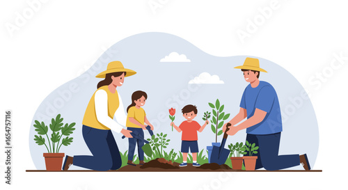 Happy family planting flowers and vegetables together in vibrant sunny garden, joy and growth