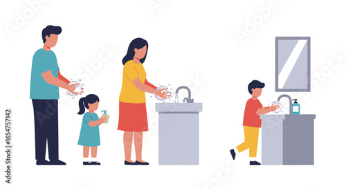 Family practicing proper handwashing techniques for hygiene and health in modern bathroom