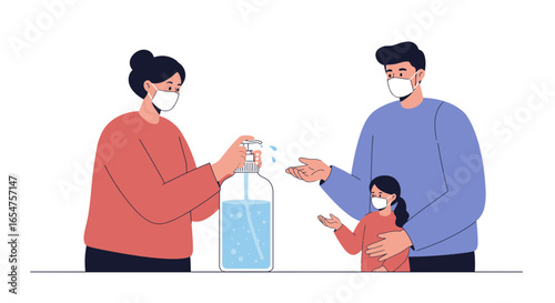 Family disinfecting hands with sanitizer wearing protective face masks, health and safety